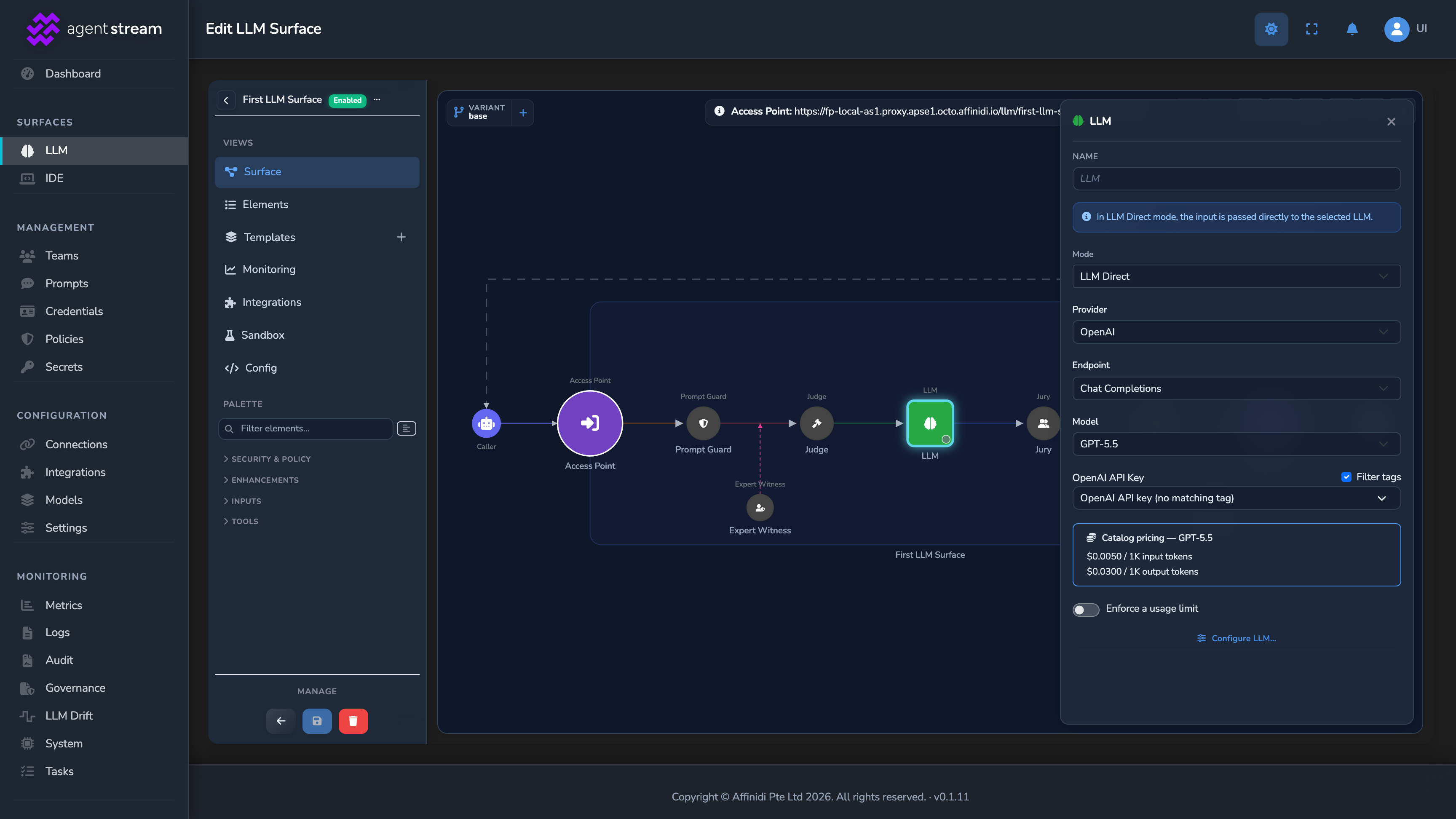 The LLM node's settings panel with Provider set to OpenAI, Endpoint set to Chat Completions, Model set to GPT-5.5, and the API Key Secret from step 1 selected
