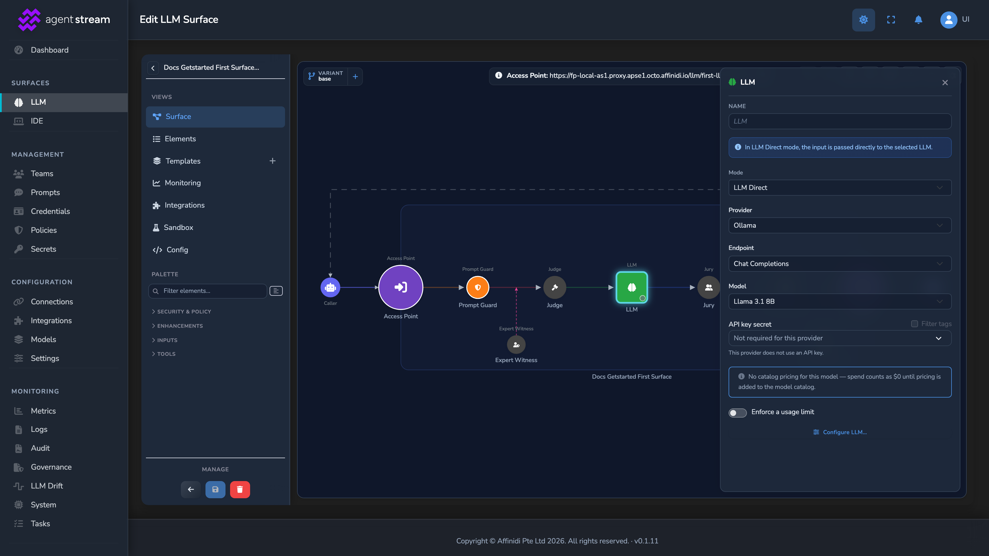 The LLM node's settings panel with Enforce a usage limit switched on, showing the Monthly budget (USD) and Monthly token cap fields