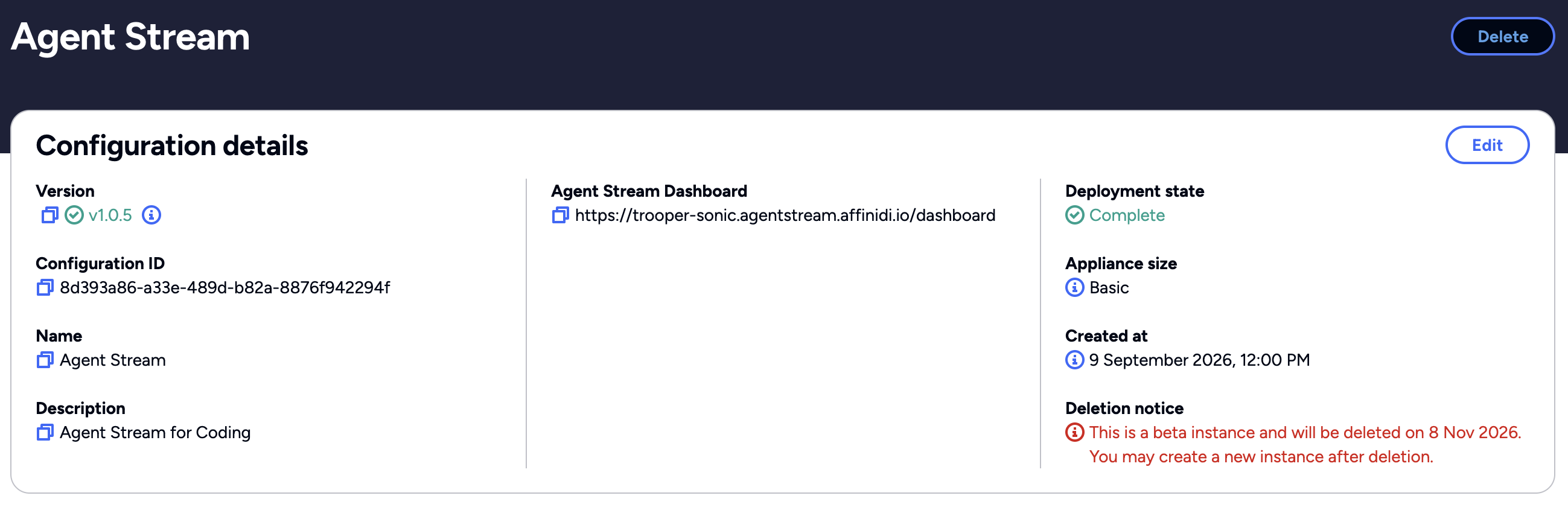 The appliance detail view with deployment state showing Complete and the Agent Stream Dashboard URL visible.