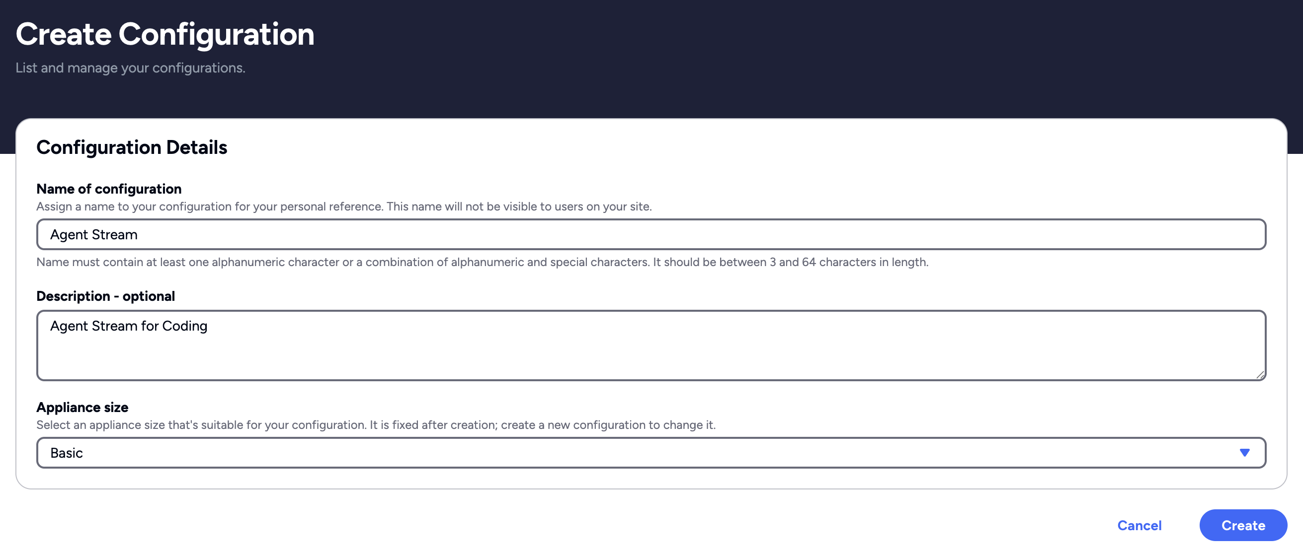 The Create configuration form mid-fill, showing the Name, Description, and Appliance size fields with example values entered.