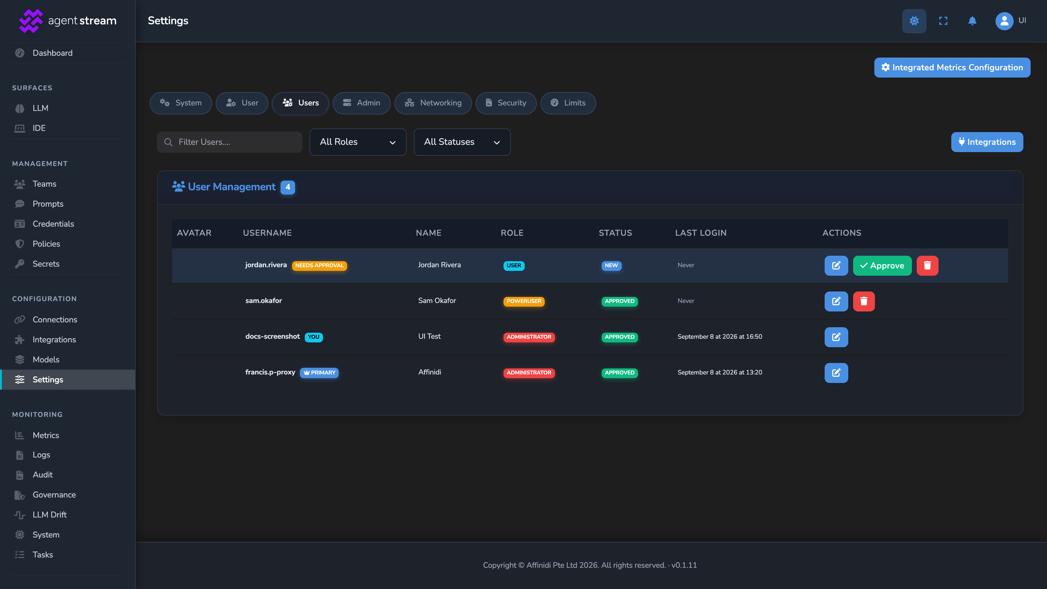 The Settings Users tab, showing one account with New status awaiting approval alongside another already Approved with the Poweruser role assigned