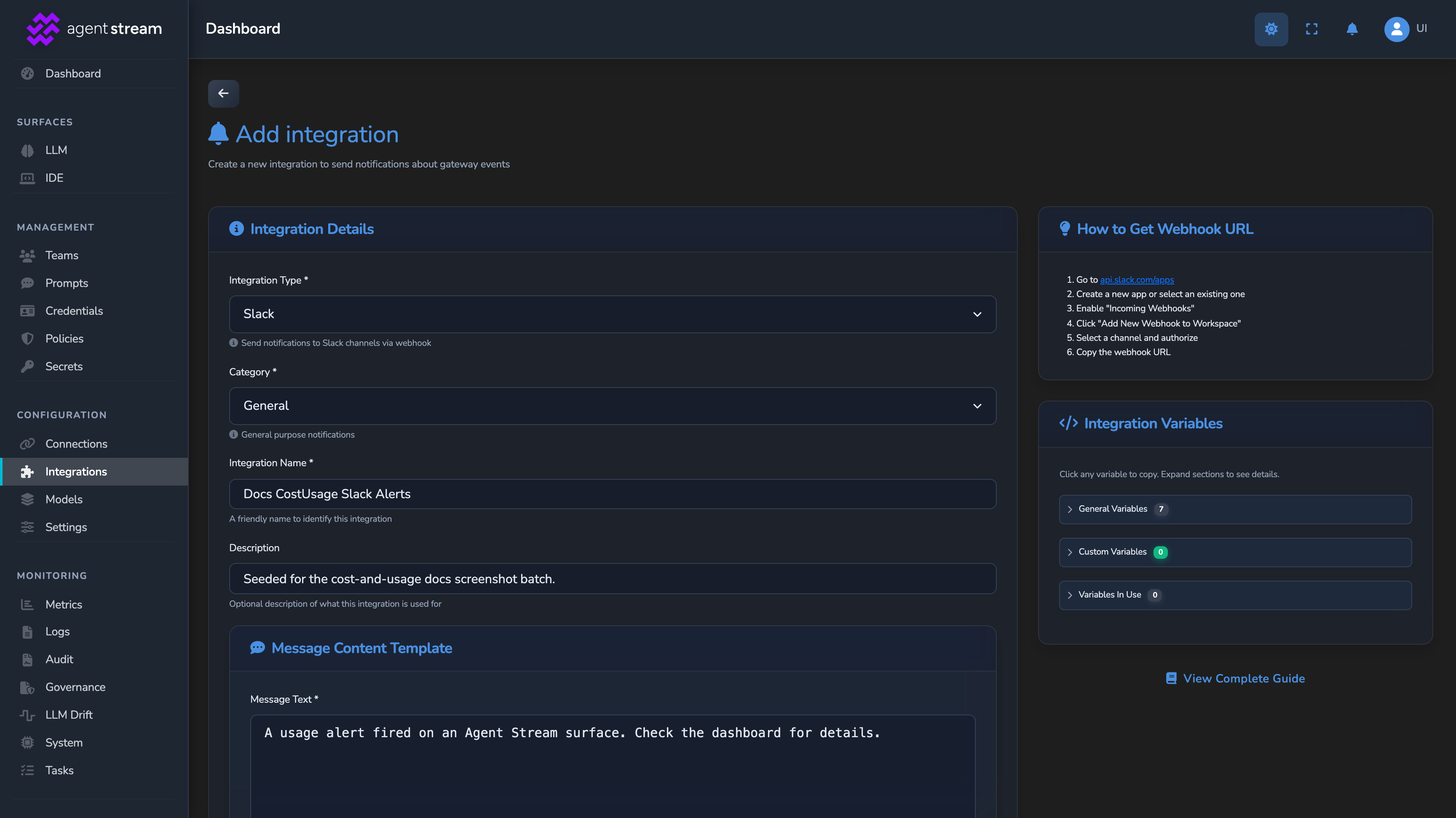 The Add Integration form, with Integration Type set to Slack, Category, Integration Name, Description, and the Message Content Template