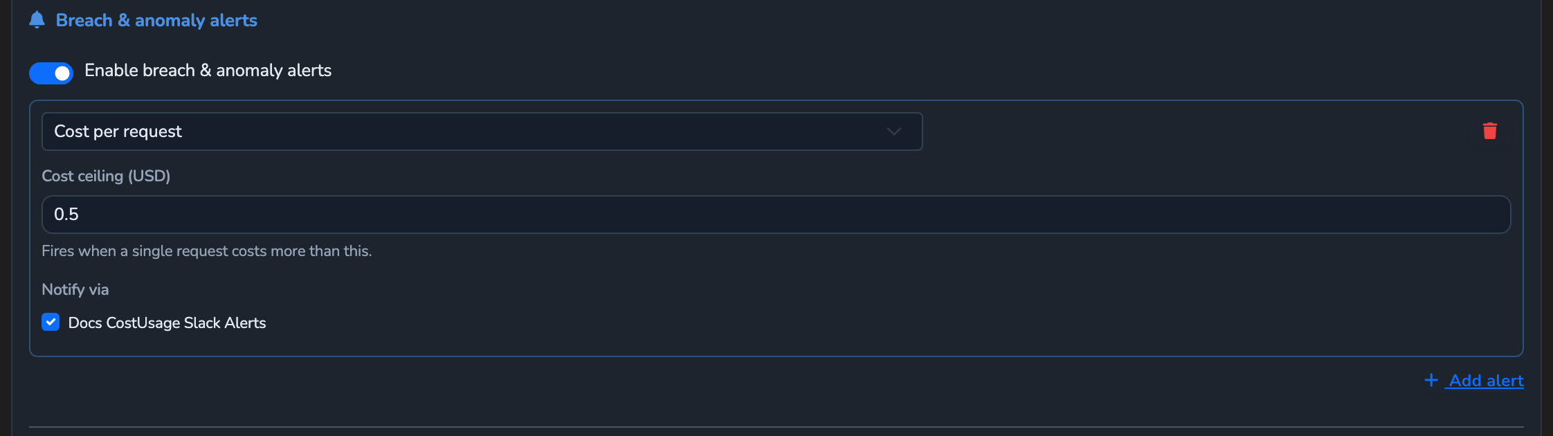 The Breach & anomaly alerts section, with a new alert added, Cost per request selected, a Cost ceiling set, and Notify via checked against a Slack integration
