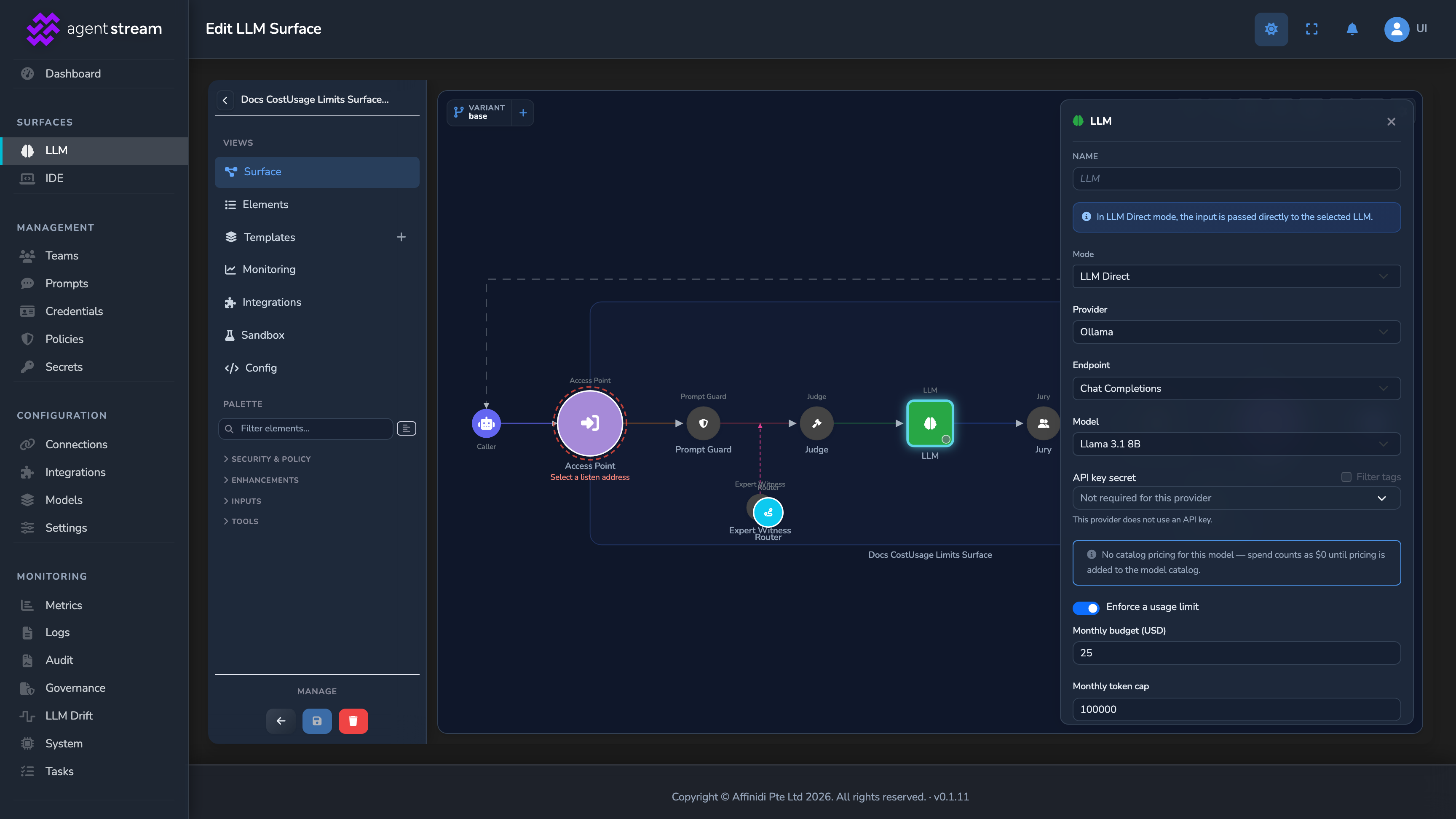 The LLM node's settings panel with Enforce a usage limit on, and Monthly budget (USD) and Monthly token cap set for this stage alone