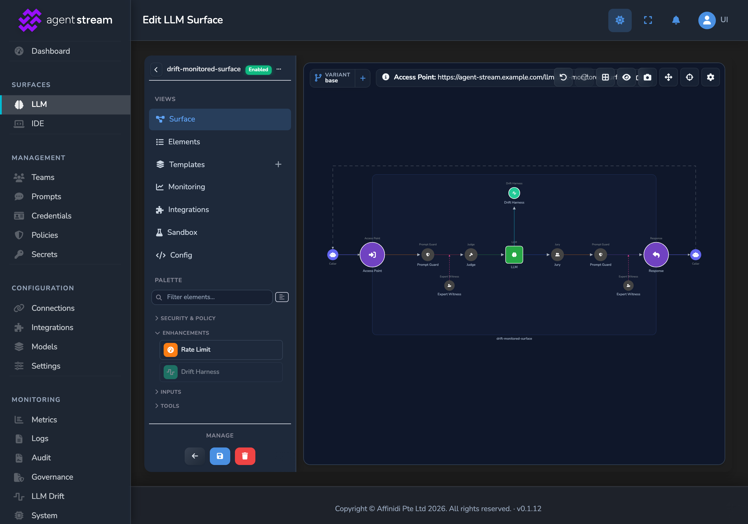 An LLM Surface canvas with the Drift Harness element bound above the LLM node, and the Enhancements group of the element palette expanded to show Drift Harness