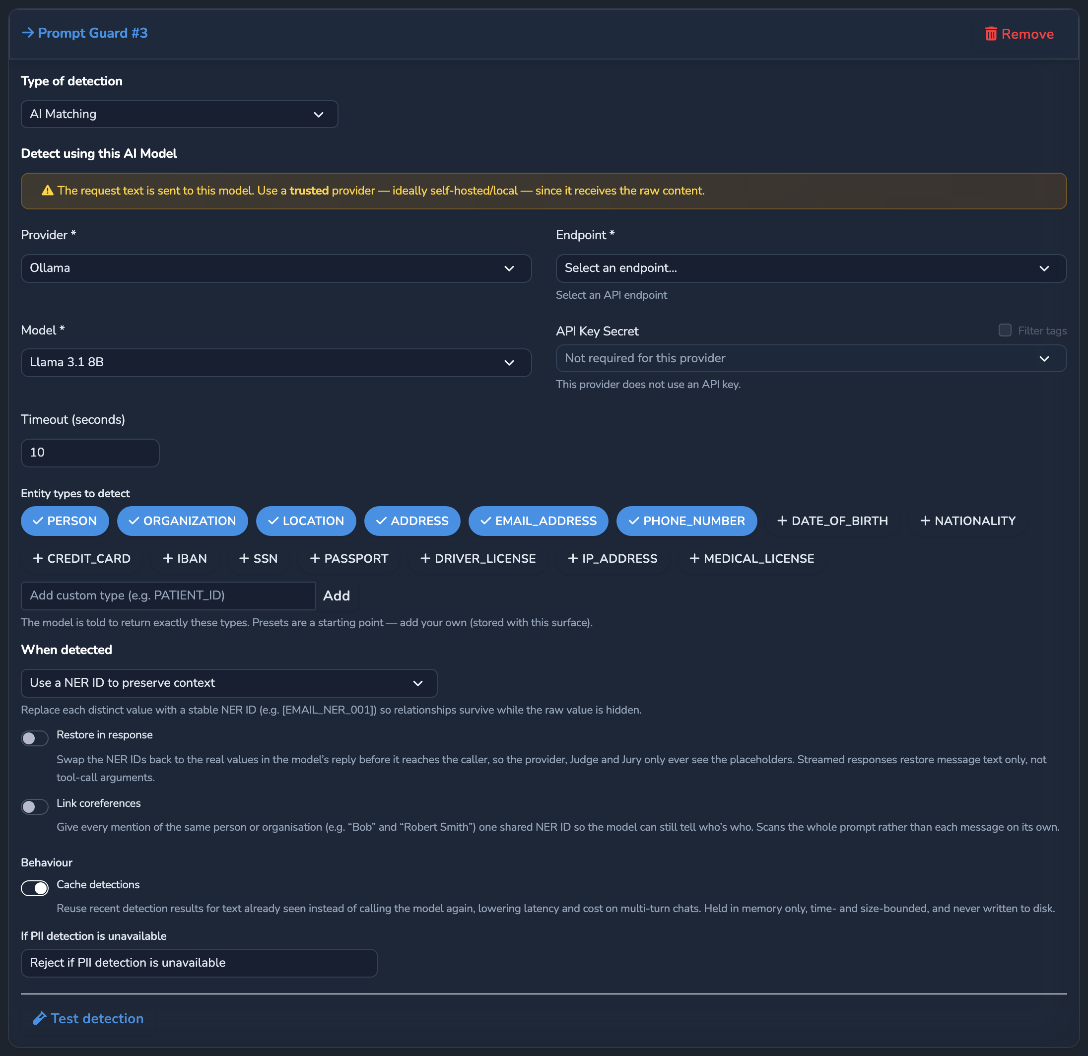 The Prompt Guard AI Matching entry, showing the Entity types to detect pills and the If PII detection is unavailable dropdown set to reject