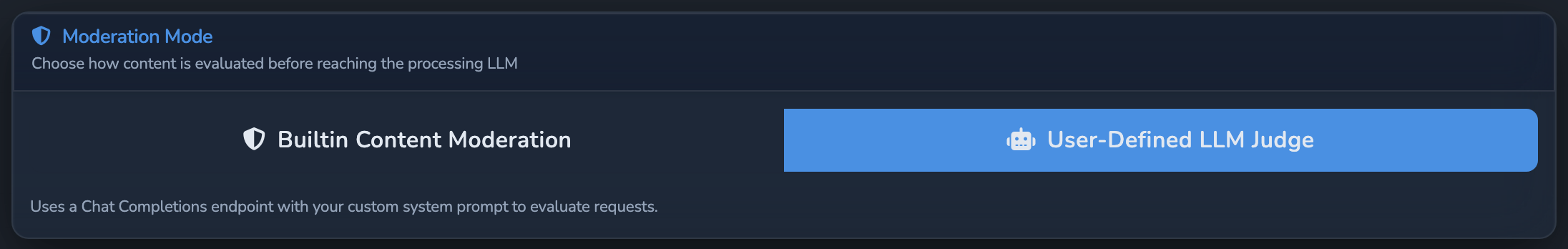 The Judge element's Moderation Mode toggle, set to User-Defined LLM Judge