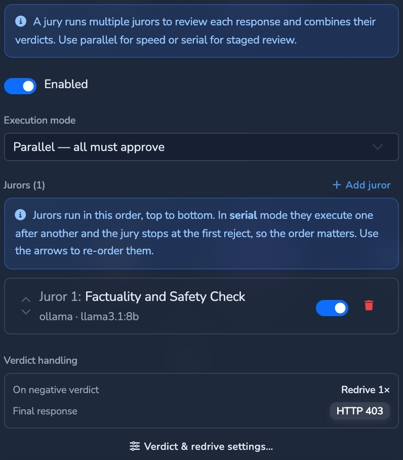 The Jury element's Execution mode set to Parallel, alongside its Jurors roster with one juror added