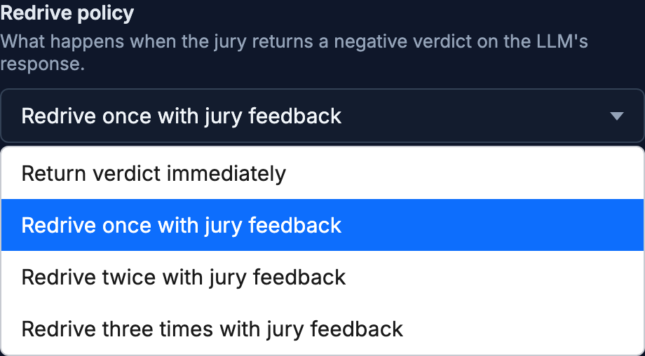 The Jury element's Redrive policy dropdown, open to show Return verdict immediately and the Redrive once/twice/three times with jury feedback options