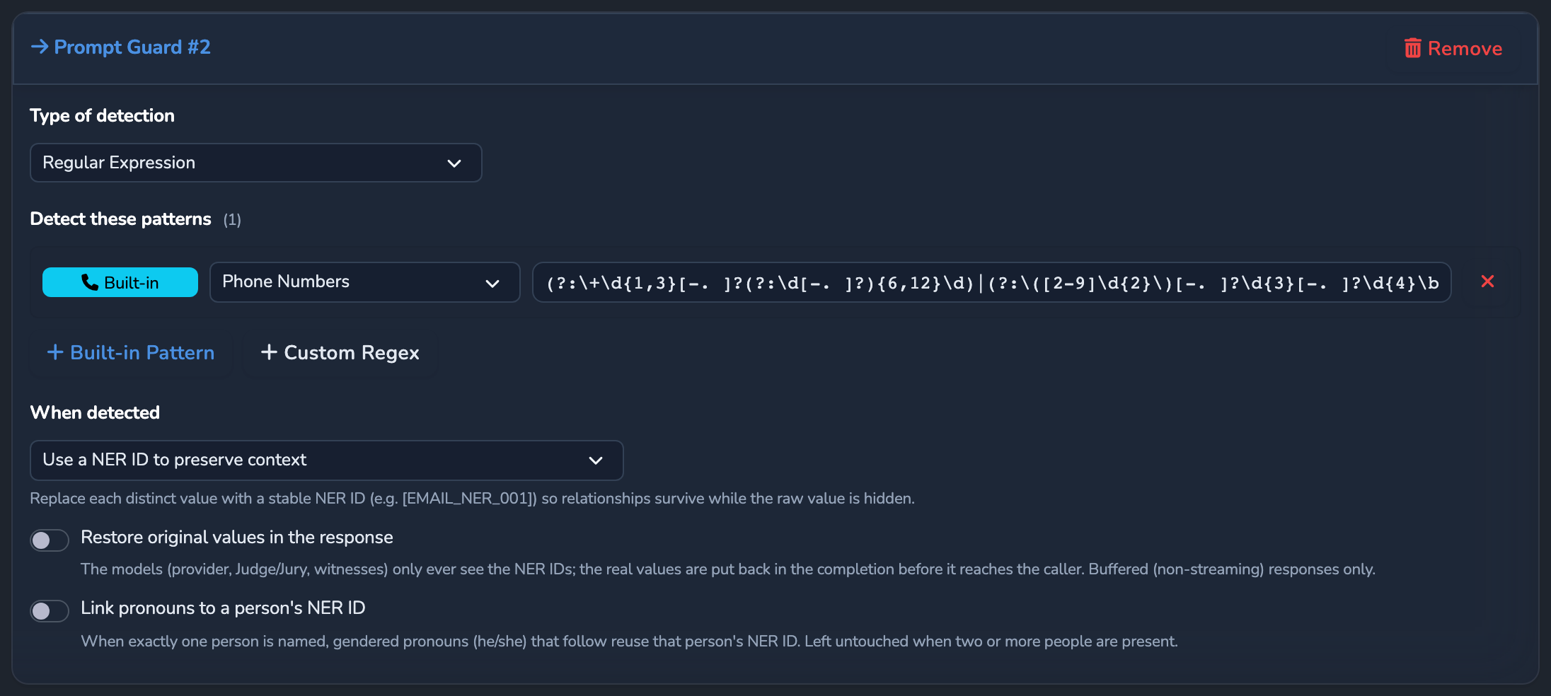 A Prompt Guard pattern rule with the Built-in Pattern selector set to Phone Numbers and the When detected dropdown set to Use a NER ID to preserve context