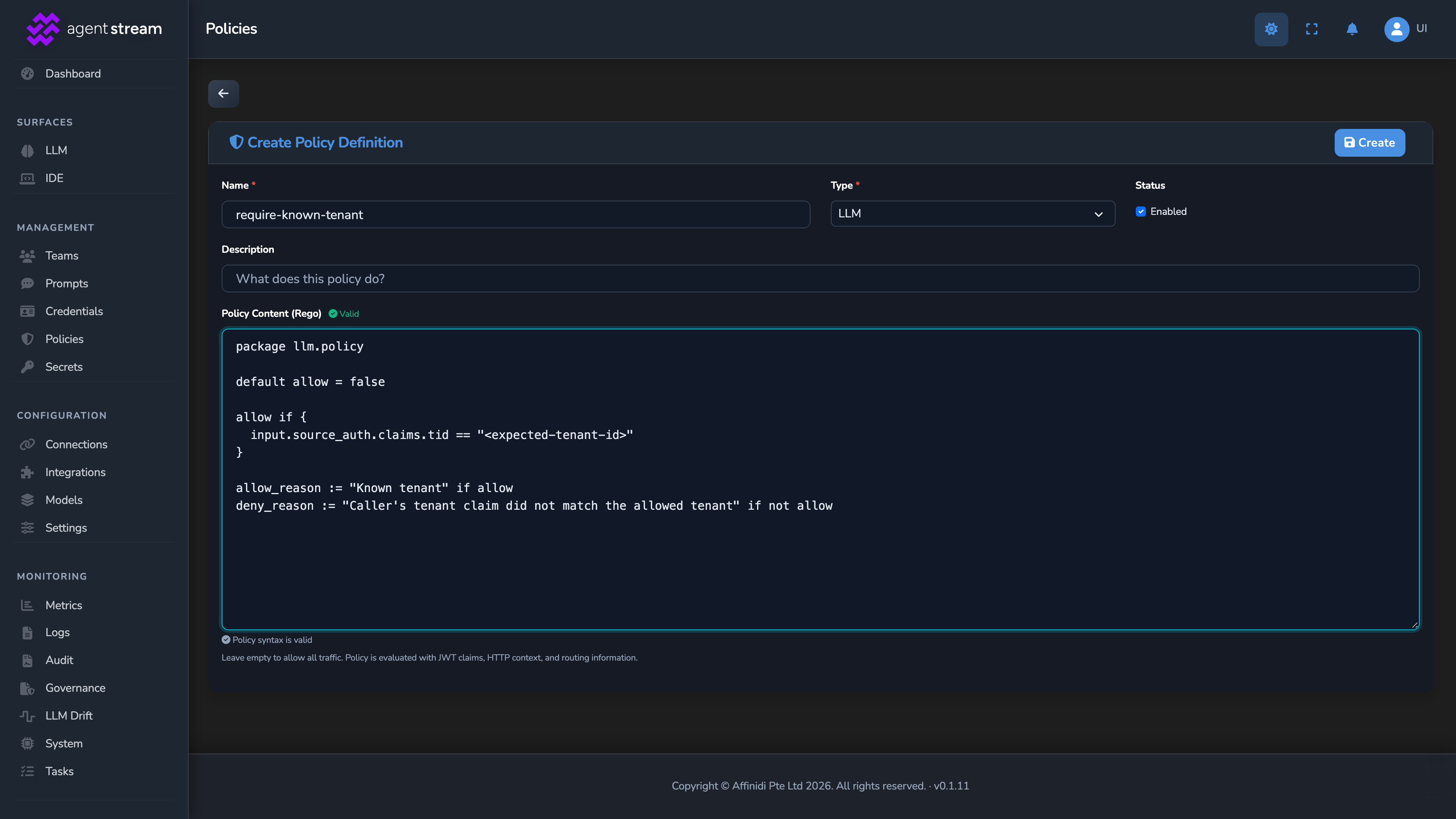 The Create Policy Definition editor, with Name and Type filled in and the Policy Content (Rego) textarea populated with the example policy