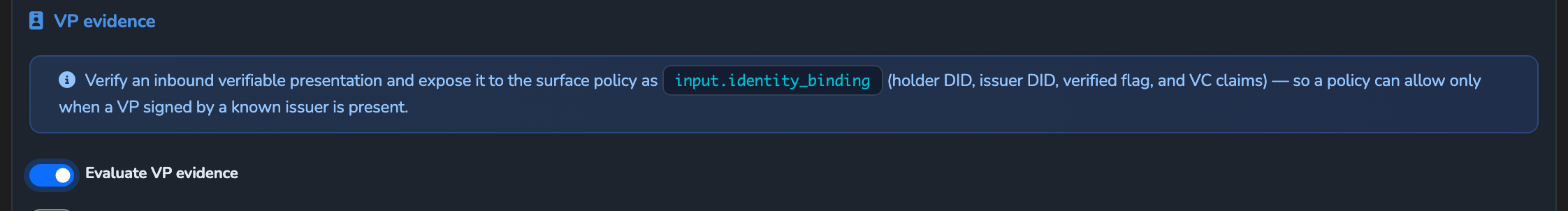 The surface's VP evidence block with the Evaluate VP evidence toggle turned on