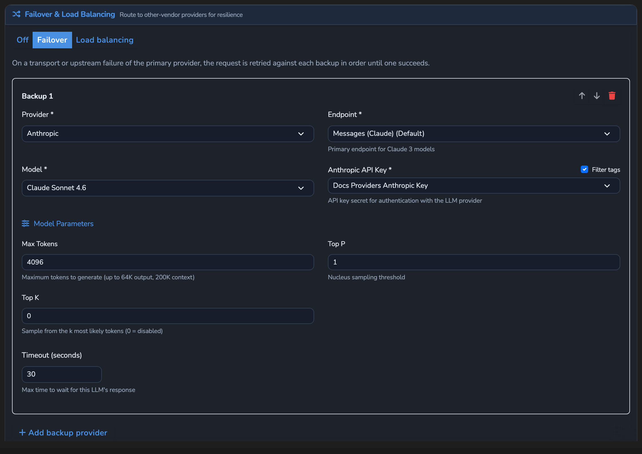 The surface's resilience settings in Failover mode, showing the auto-created Backup 1 card with its Provider, Endpoint, Model, and API Key Secret fields