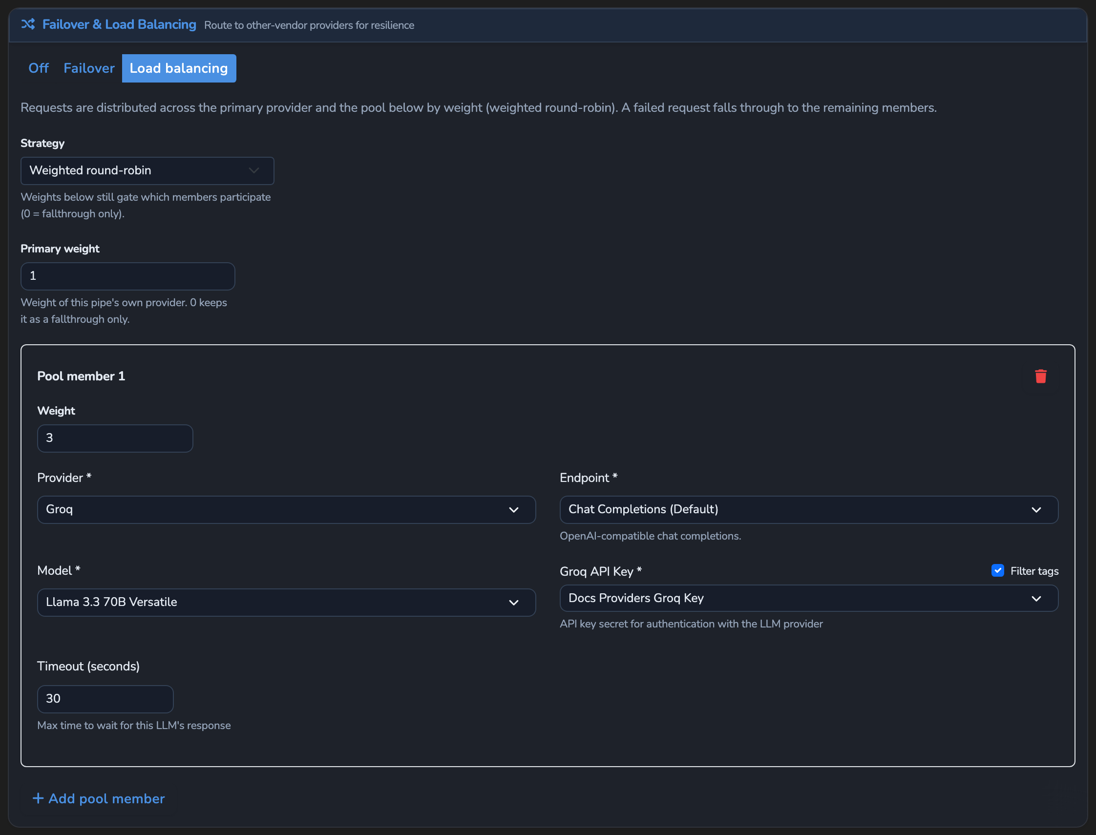 The surface's Load balancing settings, showing the Strategy dropdown set to Weighted round-robin and a Pool member card with Weight, Provider, Endpoint, Model, and API Key Secret set