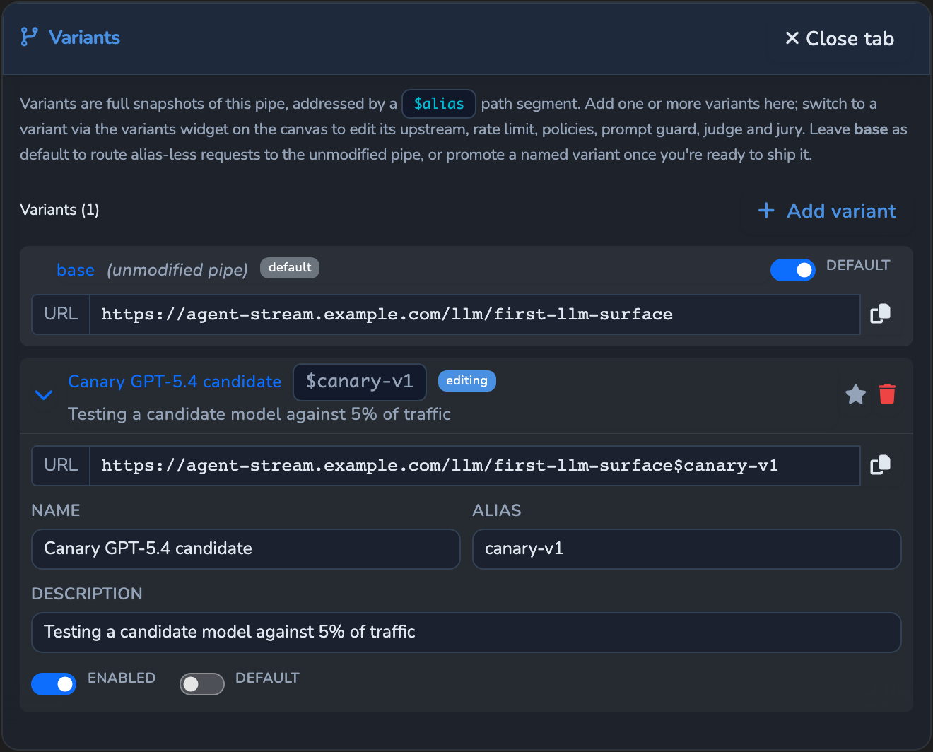 The Variants tab, with the base surface marked as default and a new variant showing its URL and its Name, Alias, Description, Enabled, and Default fields