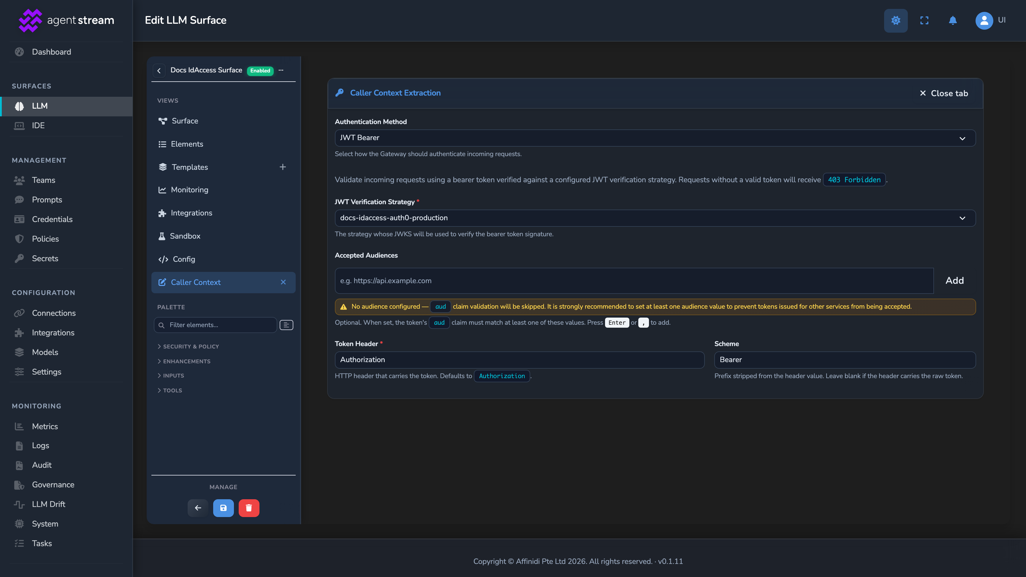 The surface's Caller Context panel, with Authentication Method set to JWT Bearer and the JWT Verification Strategy dropdown showing the created strategy selected
