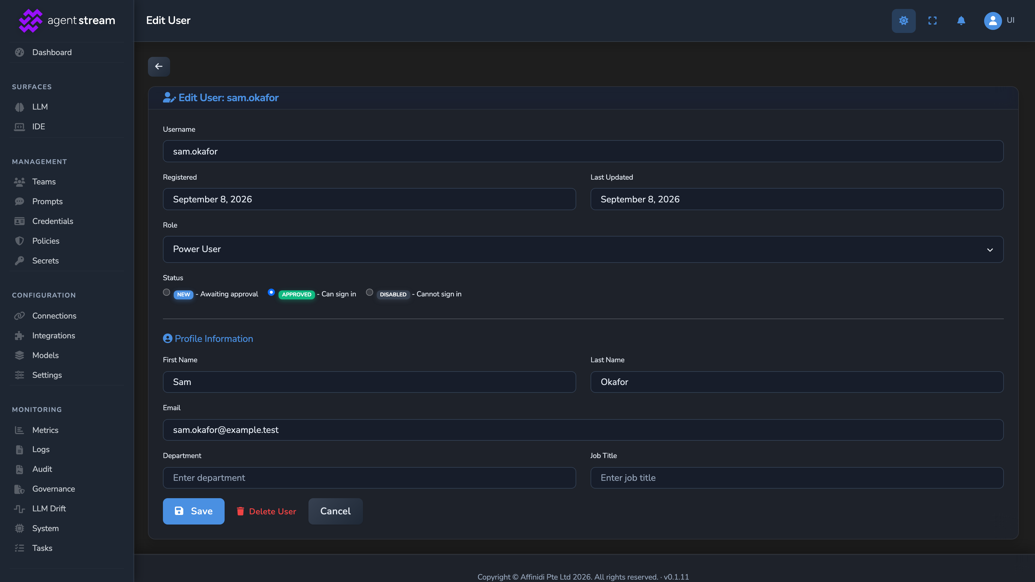 The Edit User page, opened via Settings → Users, with the Role field showing the account's current role