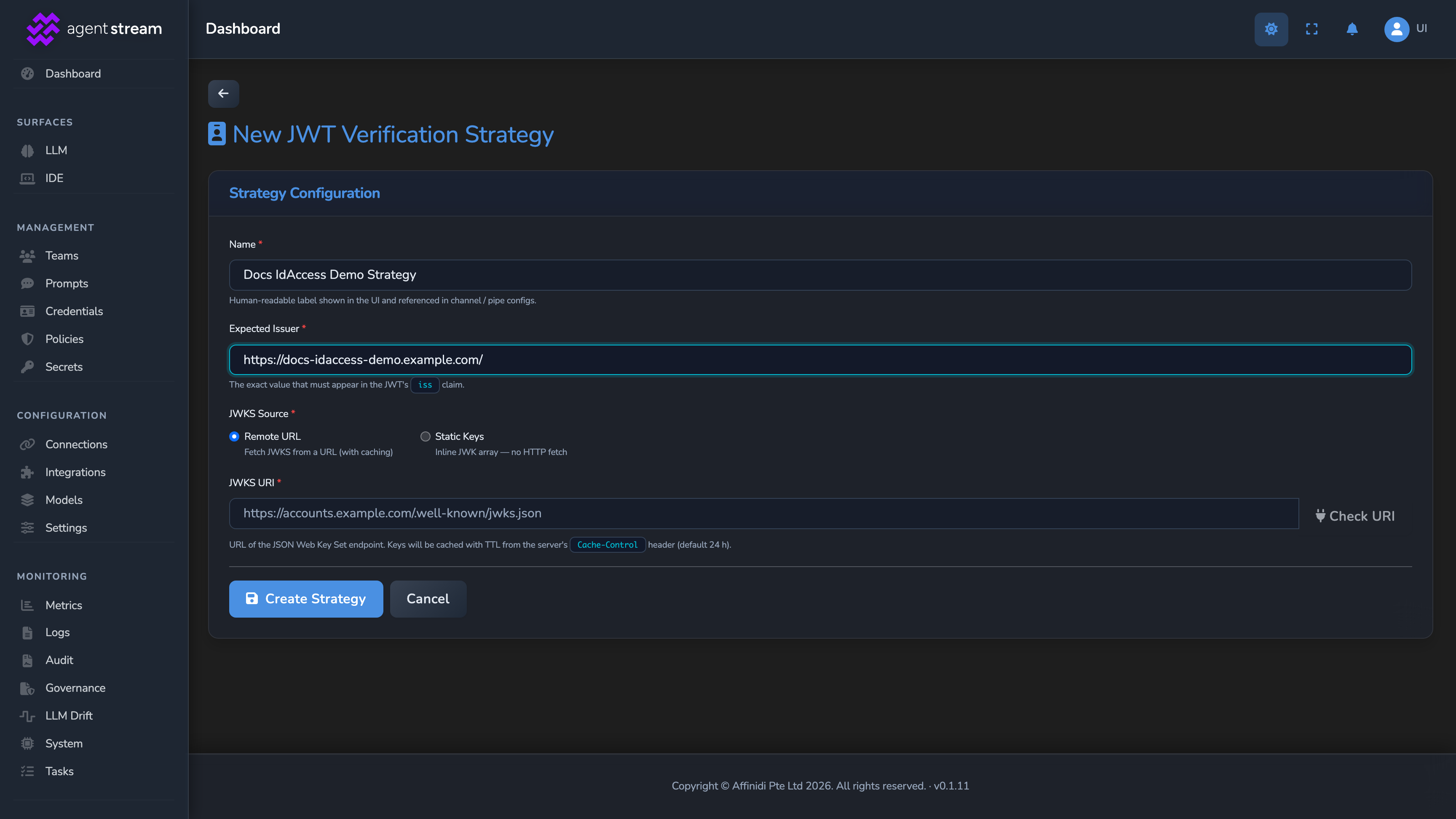 The New JWT Verification Strategy form, with Name, Expected Issuer, and JWKS Source set to Remote URL