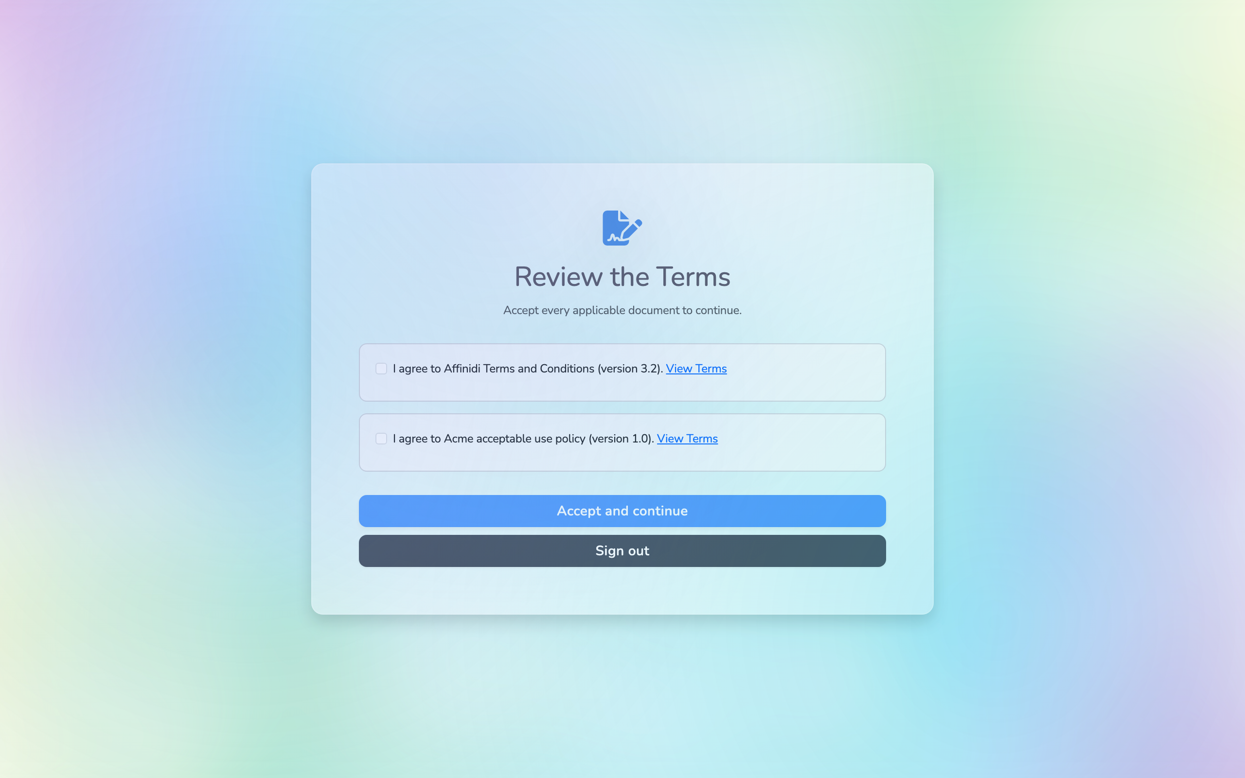 The Review the Terms page shown at sign-in, with an I agree checkbox and View Terms link for each document to accept, and the Accept and continue and Sign out buttons