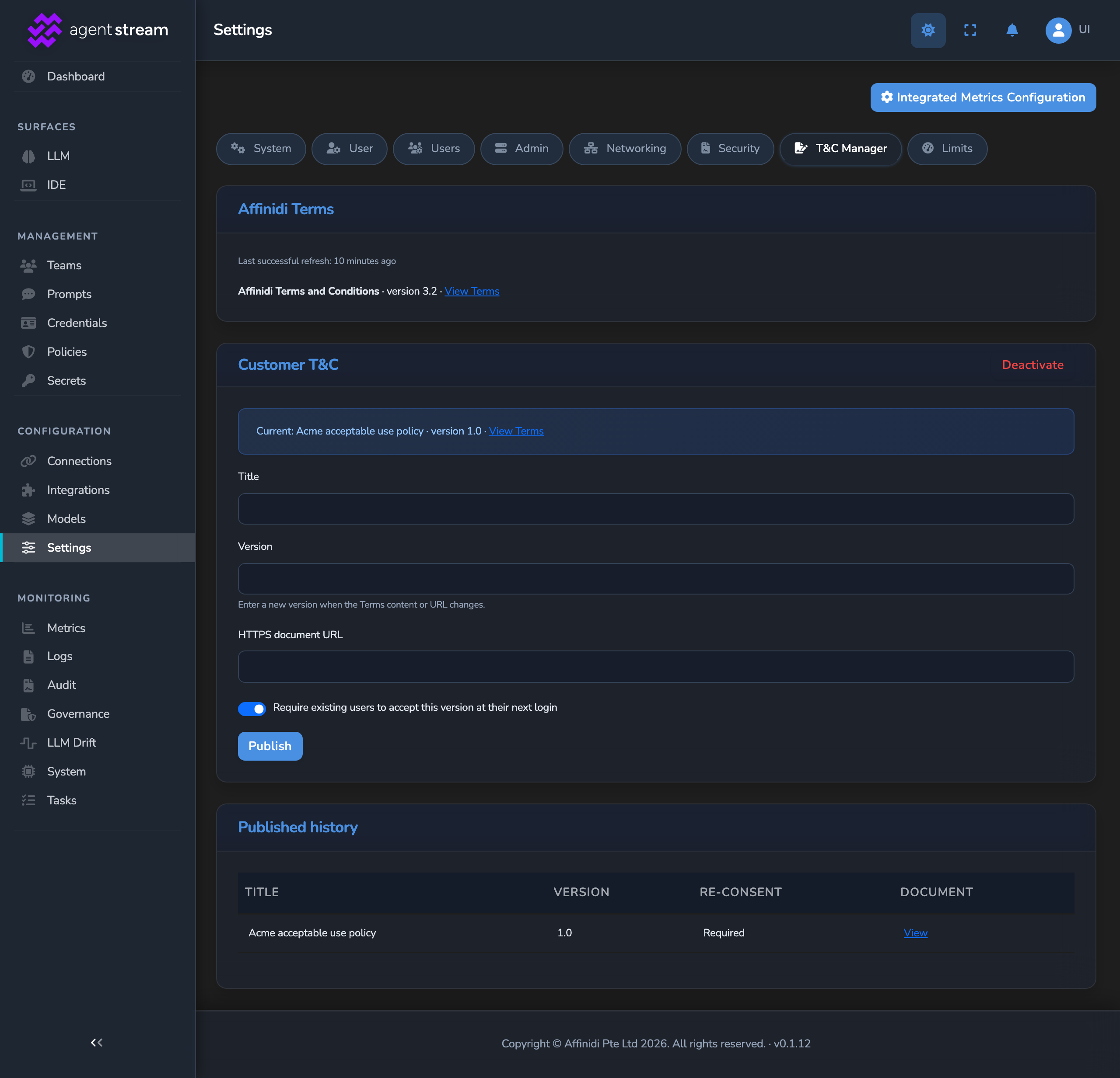 The Settings page's T&C Manager tab, showing the Affinidi Terms card with its version and View Terms link, the Customer T&C card with the current published version, the Title, Version and HTTPS document URL fields and the Publish button, and the Published history card listing one version