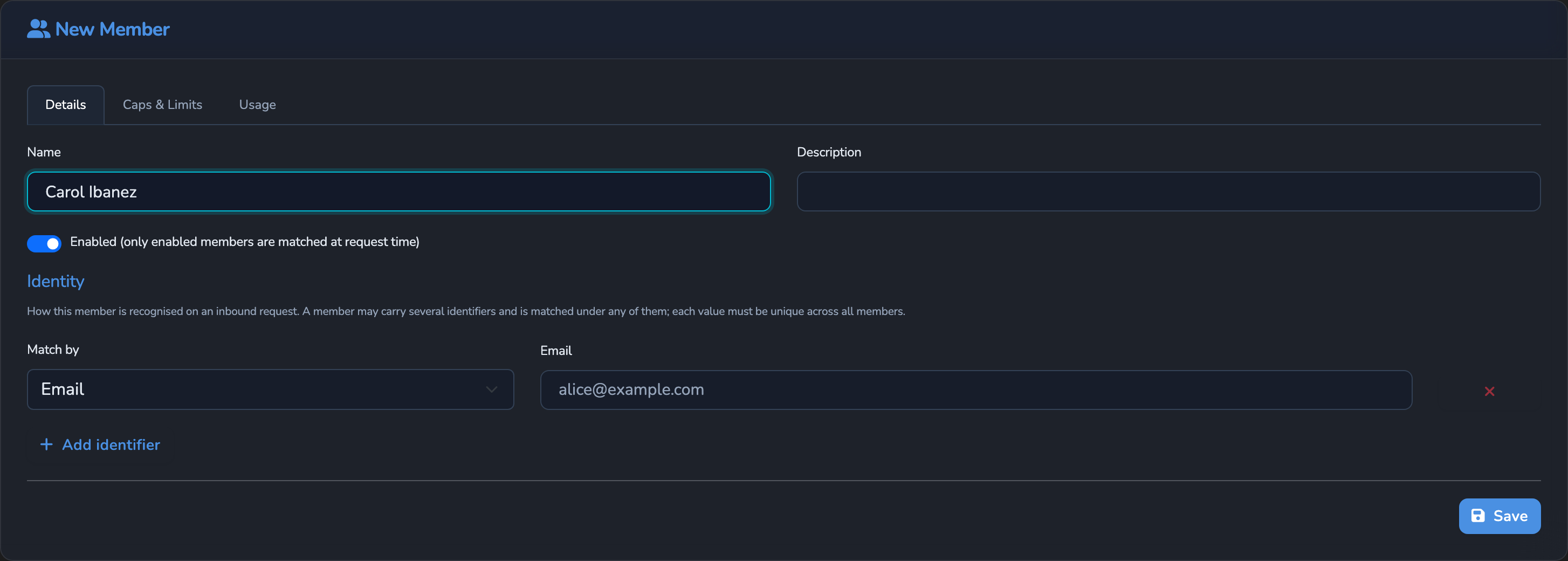 The Add Member form, with Name filled in and Match by set to Email