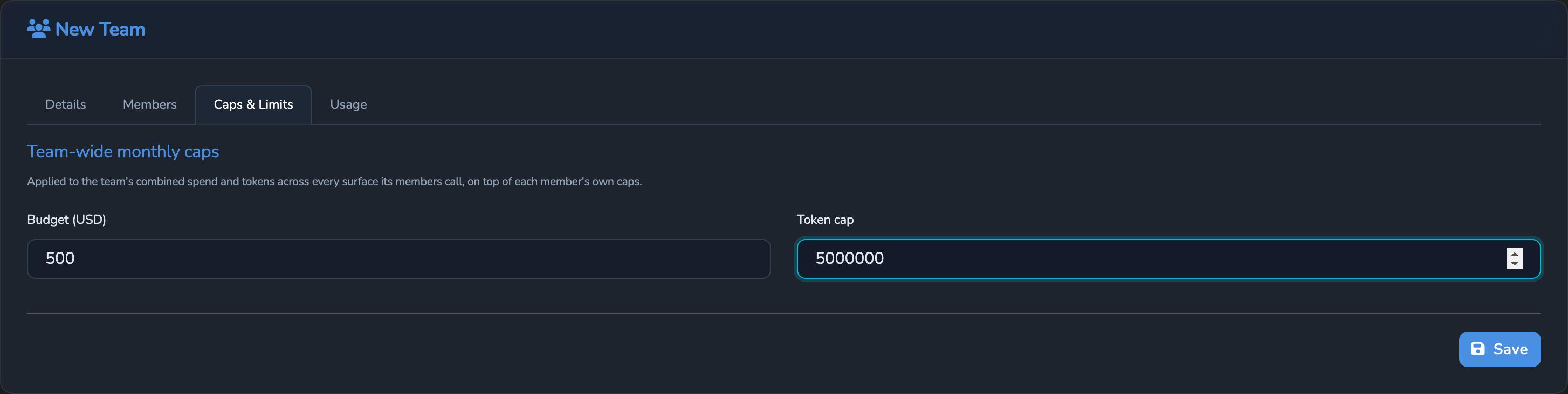 The Add Team form's Caps & Limits tab, with Budget (USD) and Token cap filled in