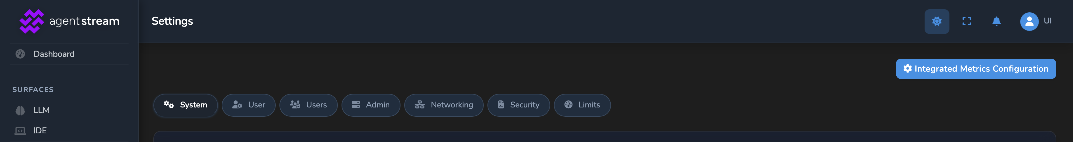 The Settings page's tab strip, showing System, User, Users, Admin, Networking, Security, and Limits as they appear to a signed-in administrator