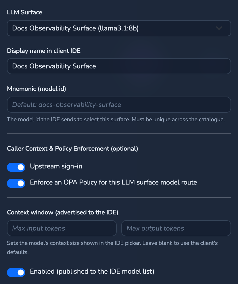 A catalogue member panel with both the Upstream sign-in toggle and the Enforce an OPA Policy toggle switched on