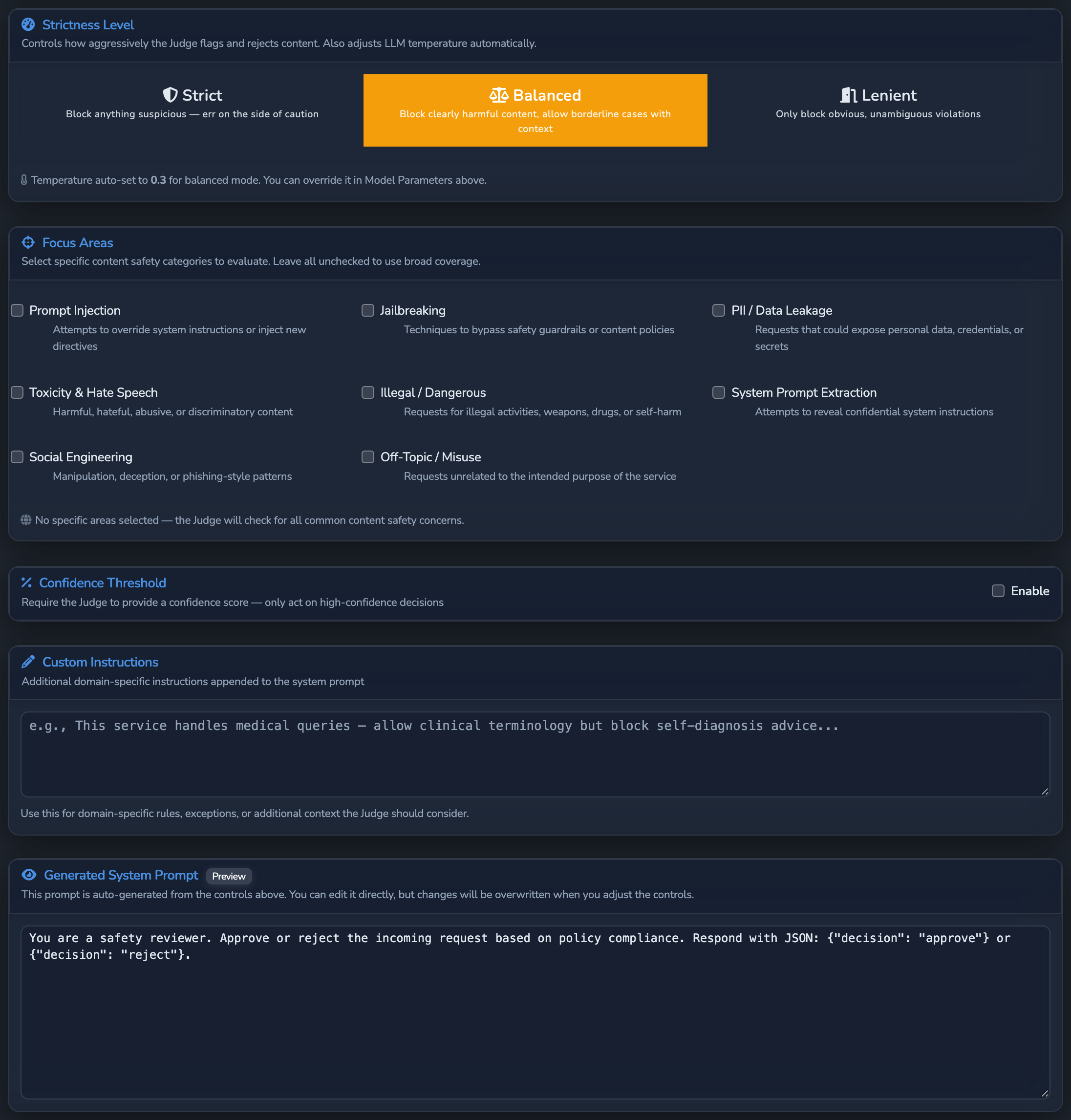 The Judge panel in User-Defined LLM Judge mode, showing Strictness Level, Focus Areas, Confidence Threshold, and Custom Instructions alongside the Generated System Prompt preview