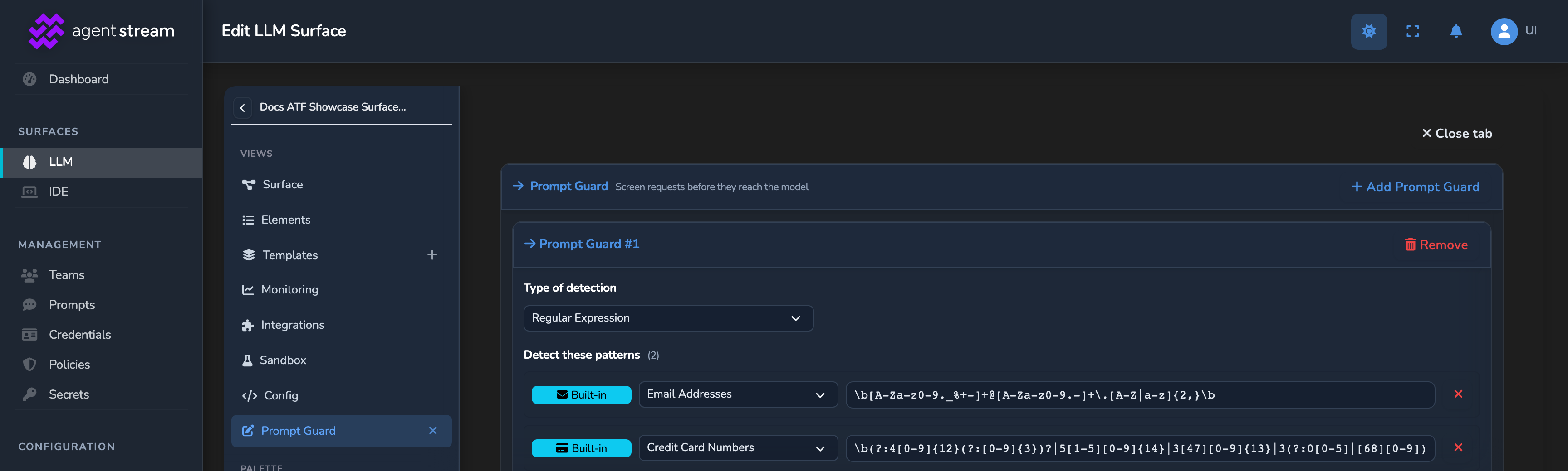 The request-side Prompt Guard editor, headed Prompt Guard with the subtitle Screen requests before they reach the model, showing a regex rule with two built-in patterns