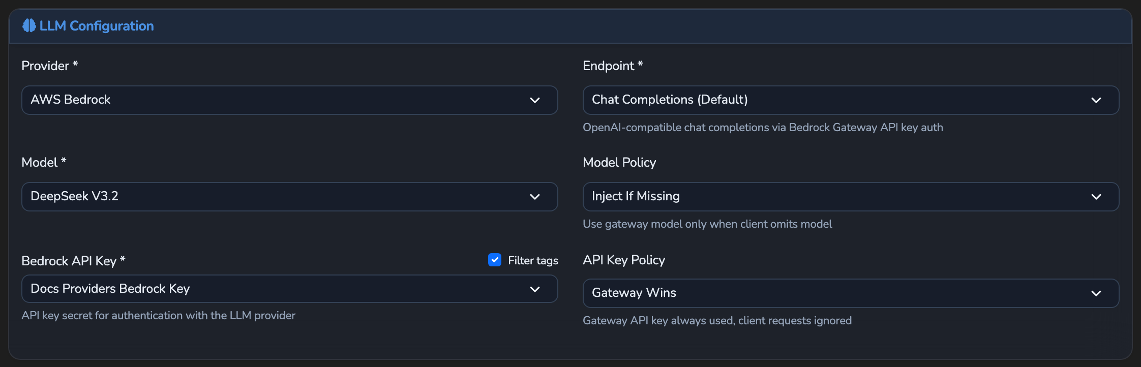 An LLM node's provider configuration with AWS Bedrock selected, showing its Endpoint, Model, and API Key Secret fields