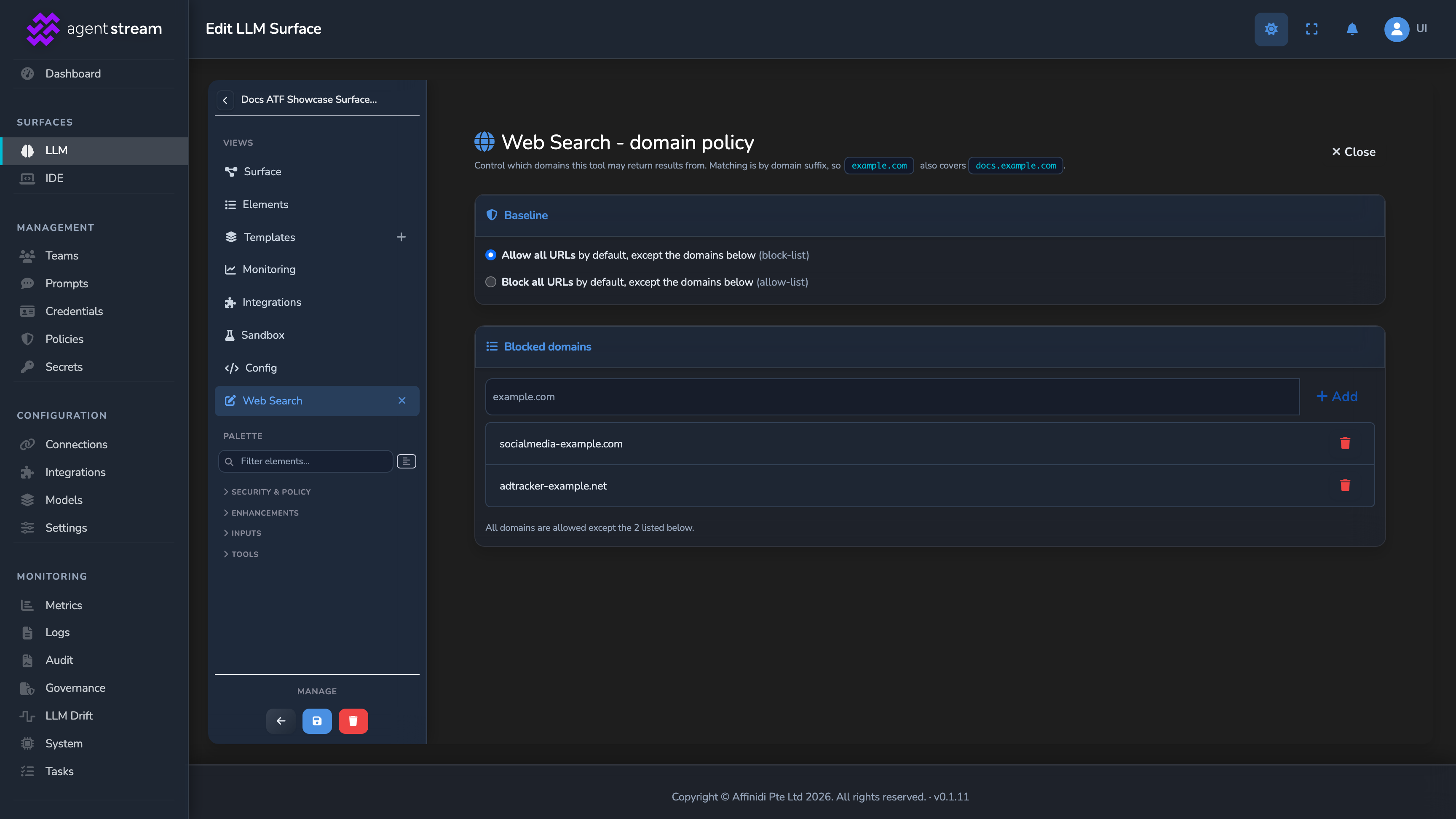 The Web Search node's Baseline set to allow all URLs except the domains below, with a Blocked domains list editor
