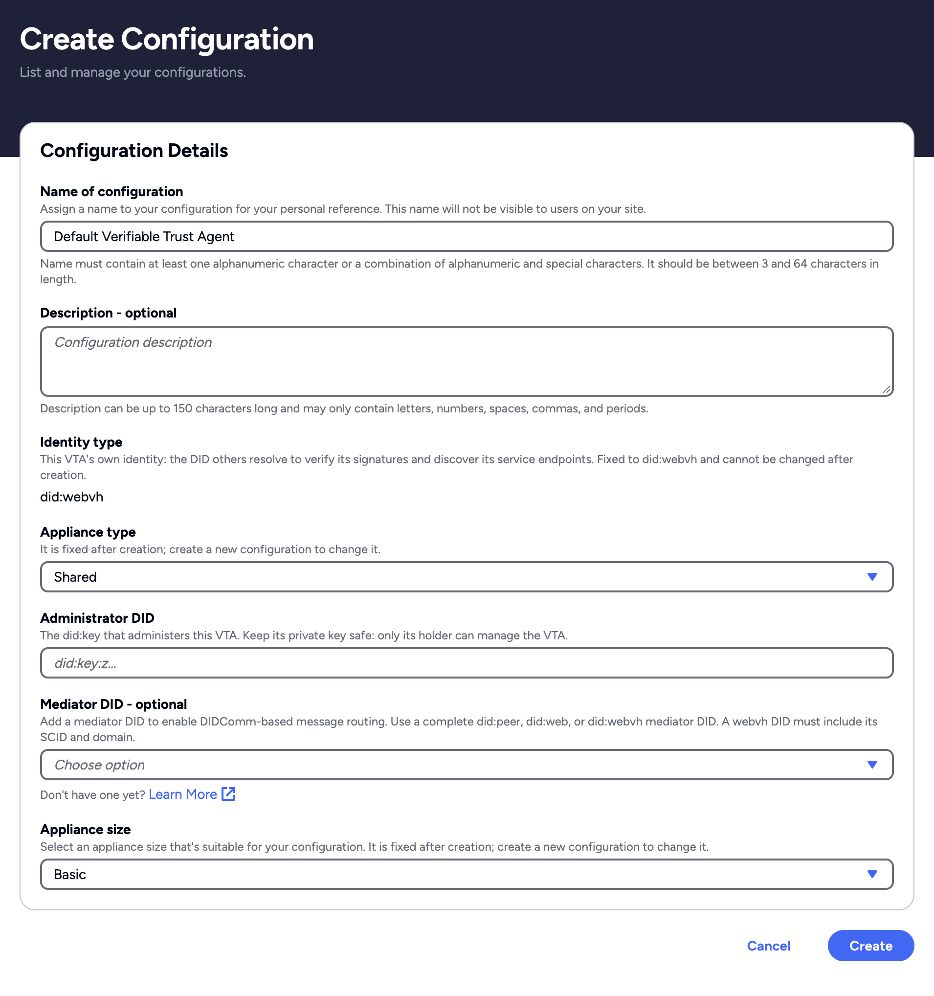 Create Configuration form for a VTA in Affinidi Portal, with Appliance type set to Shared and the Administrator DID field below it