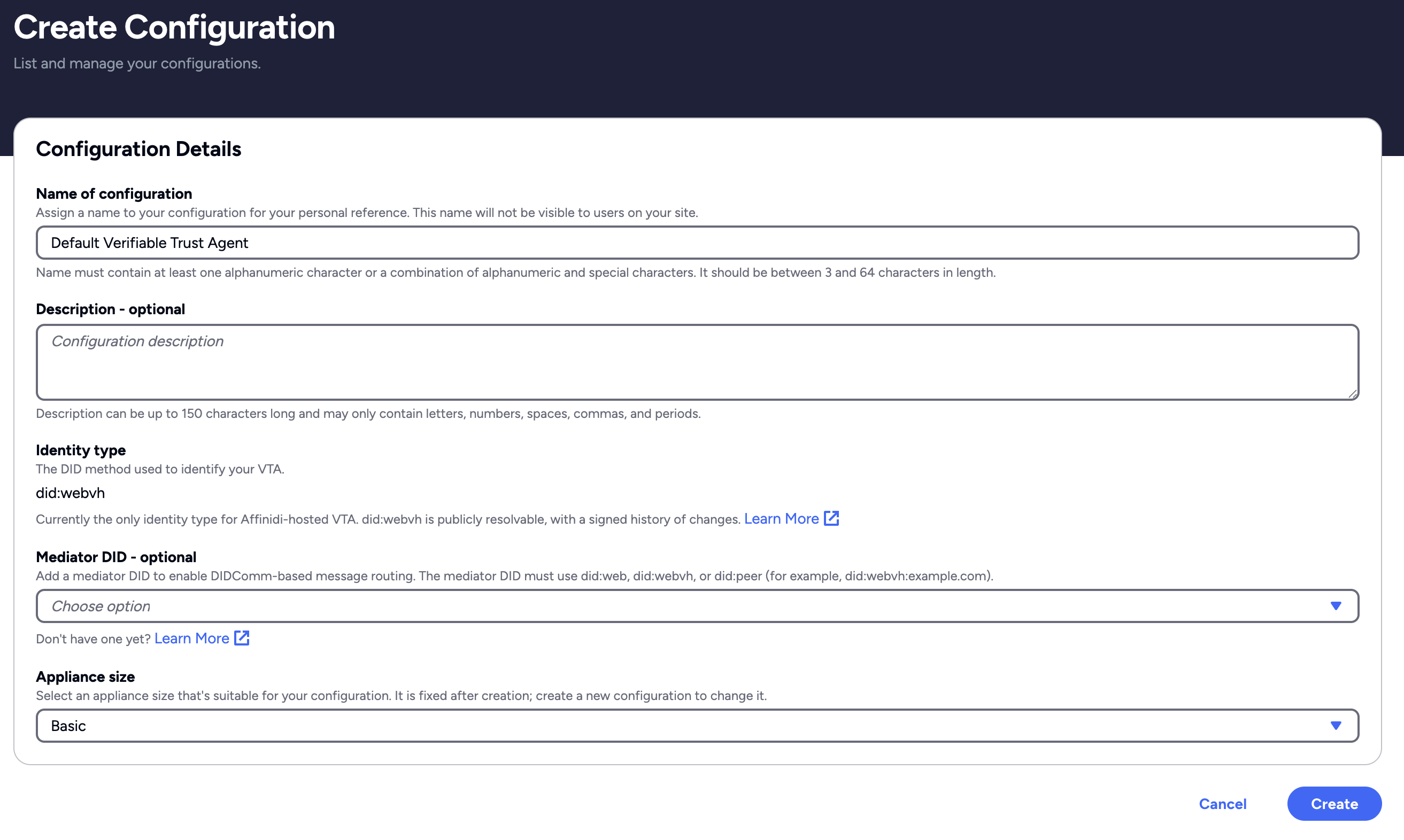 Create VTA configuration in Affinidi Portal