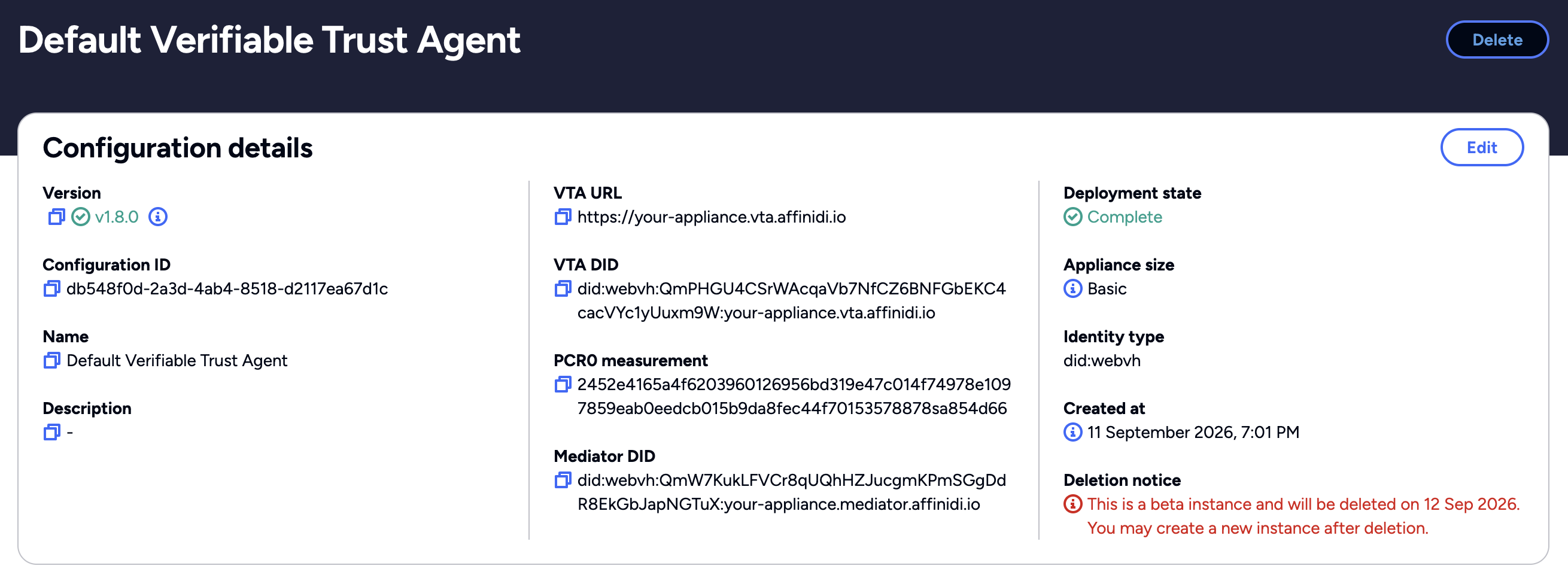 VTA configuration page showing VTA DID and VTA URL after deployment