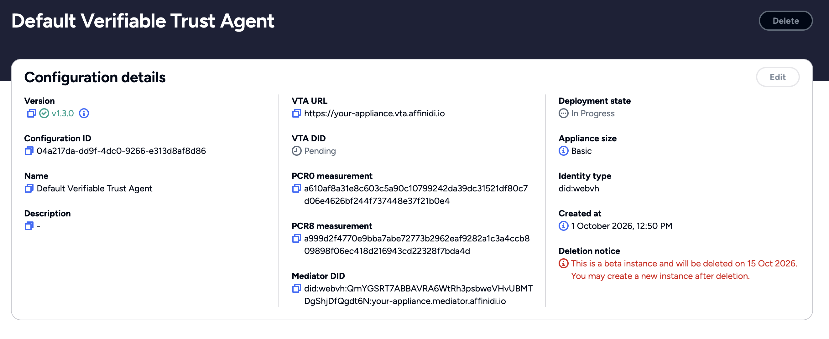 VTA configuration page while deployment is in progress, with Deployment state In Progress and the VTA DID still pending