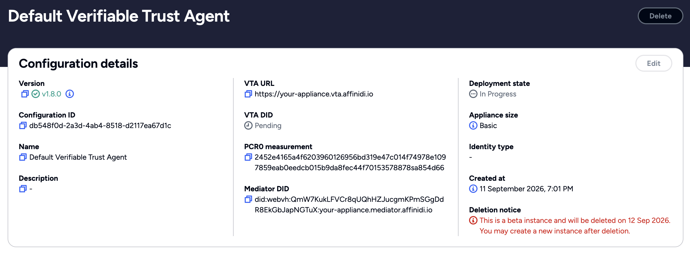 VTA configuration page showing VTA DID and VTA URL after deployment