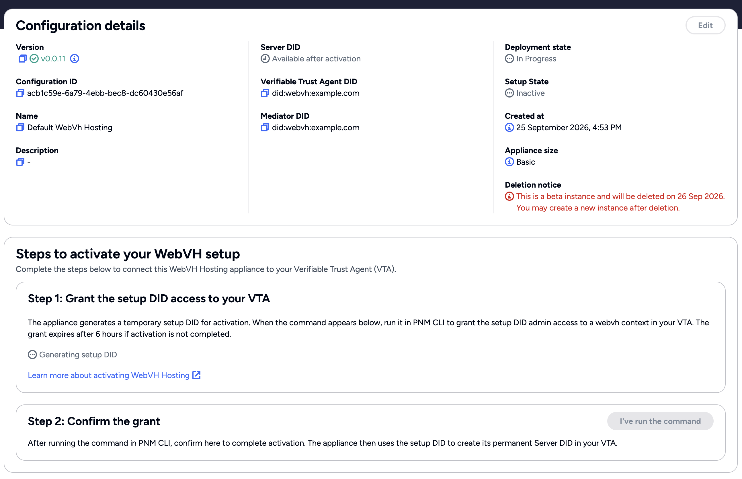 WebVH Hosting configuration details before deployment completes