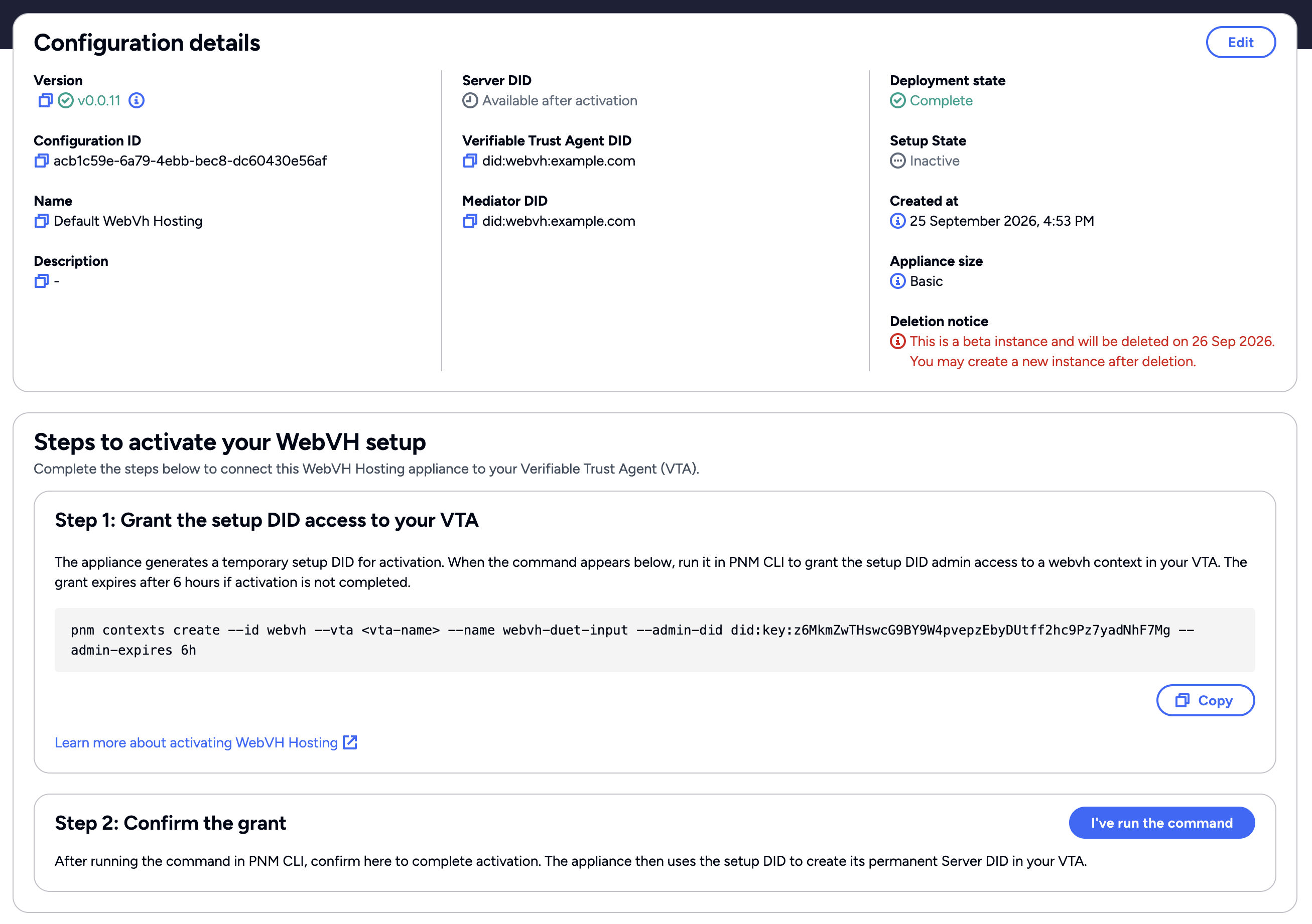 WebVH Hosting activation command after deployment completes