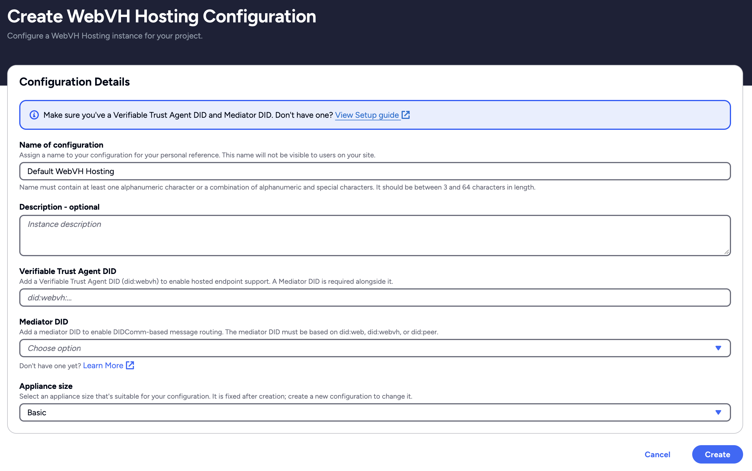 Create WebVH Hosting configuration in Affinidi Portal